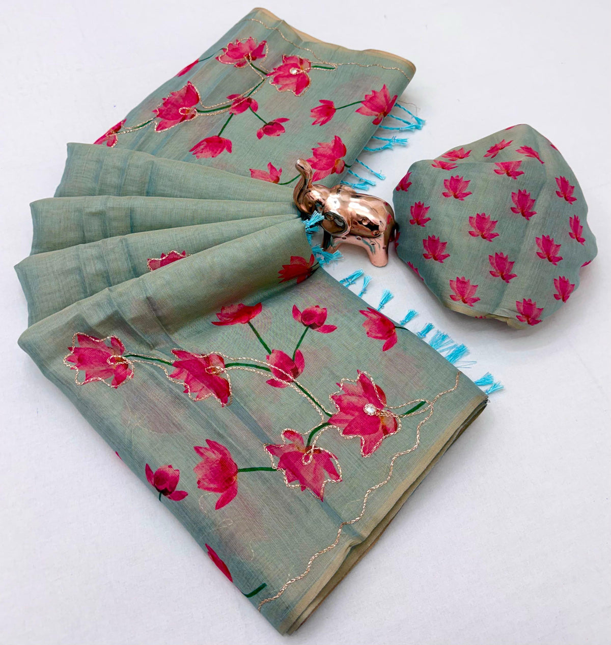 Marvellous Party Wear Tissue Silk Print n Embroidery Work Fancy Saree With Blouse Piece