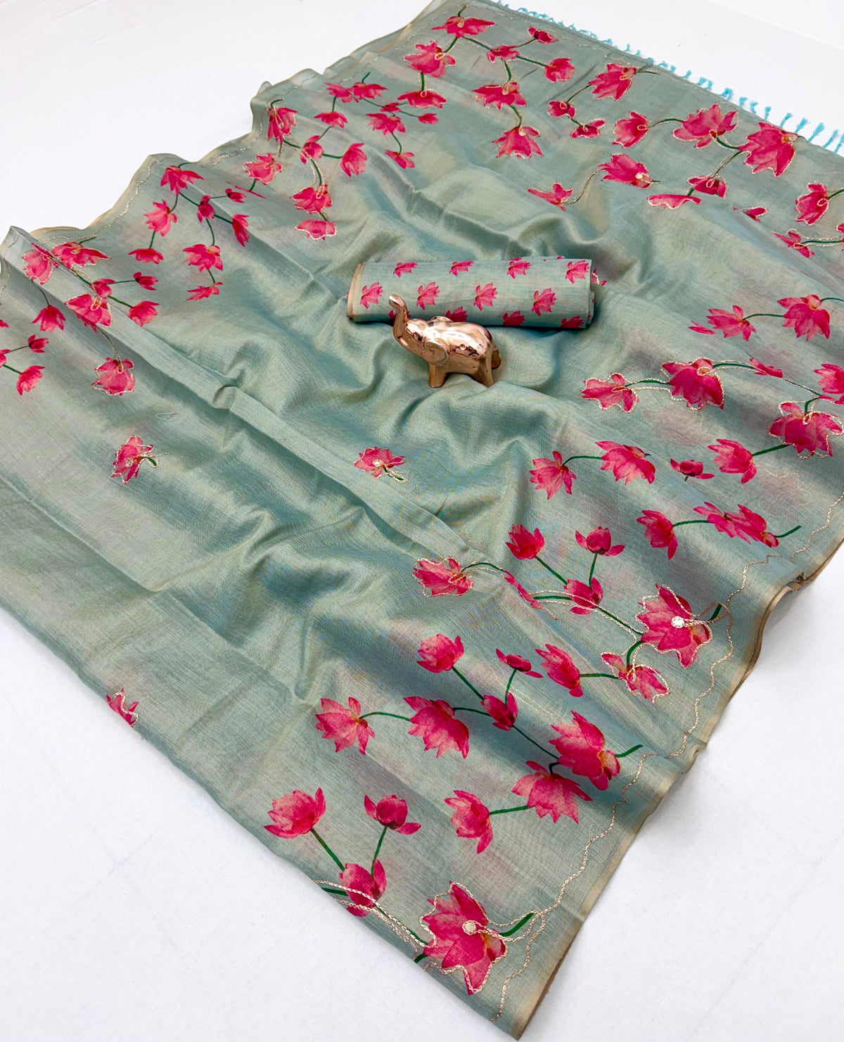 Marvellous Party Wear Tissue Silk Print n Embroidery Work Fancy Saree With Blouse Piece