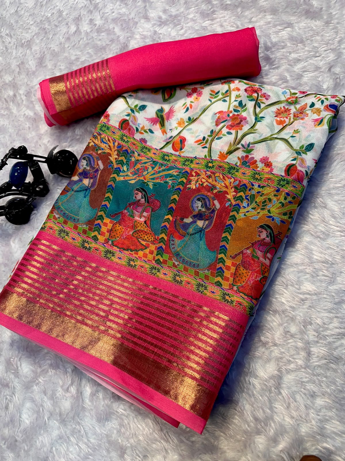 Desiring Festive Wear Georgette Print Design Zari Border Fancy Saree With Blouse Piece