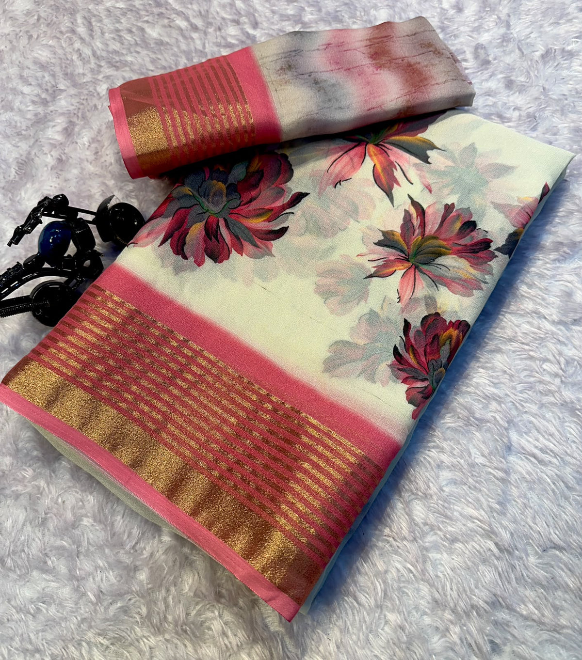 Desiring Festive Wear Georgette Print Design Zari Border Fancy Saree With Blouse Piece