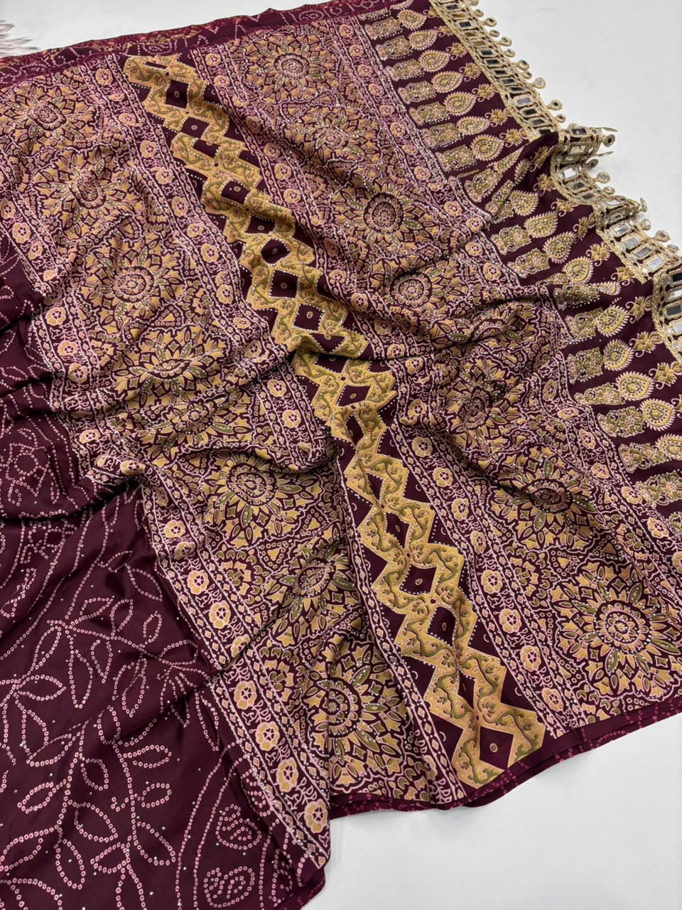 Evocative Party Wear Pure Satin Silk Ajrak Printed Rich Pallu n Siroski Work Designer Saree With Blouse Piece
