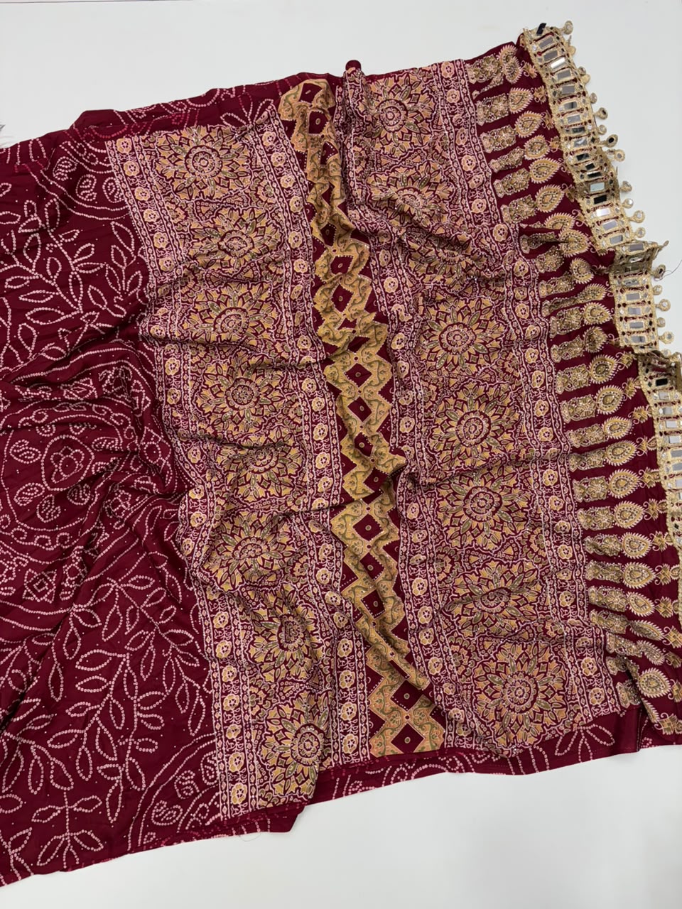 Evocative Party Wear Pure Satin Silk Ajrak Printed Rich Pallu n Siroski Work Designer Saree With Blouse Piece