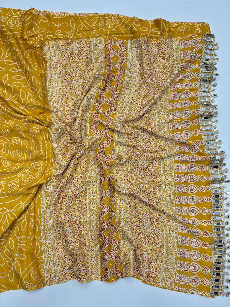Evocative Party Wear Pure Satin Silk Ajrak Printed Rich Pallu n Siroski Work Designer Saree With Blouse Piece