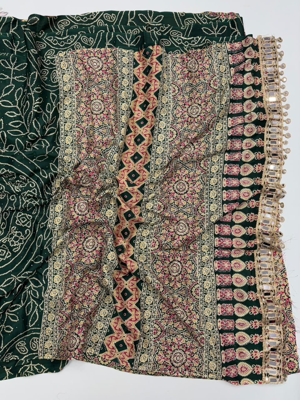 Evocative Party Wear Pure Satin Silk Ajrak Printed Rich Pallu n Siroski Work Designer Saree With Blouse Piece