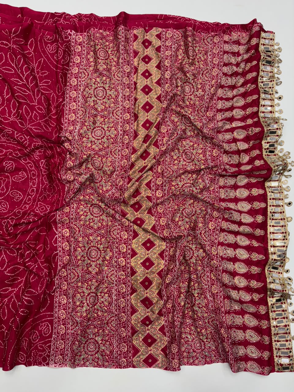Evocative Party Wear Pure Satin Silk Ajrak Printed Rich Pallu n Siroski Work Designer Saree With Blouse Piece