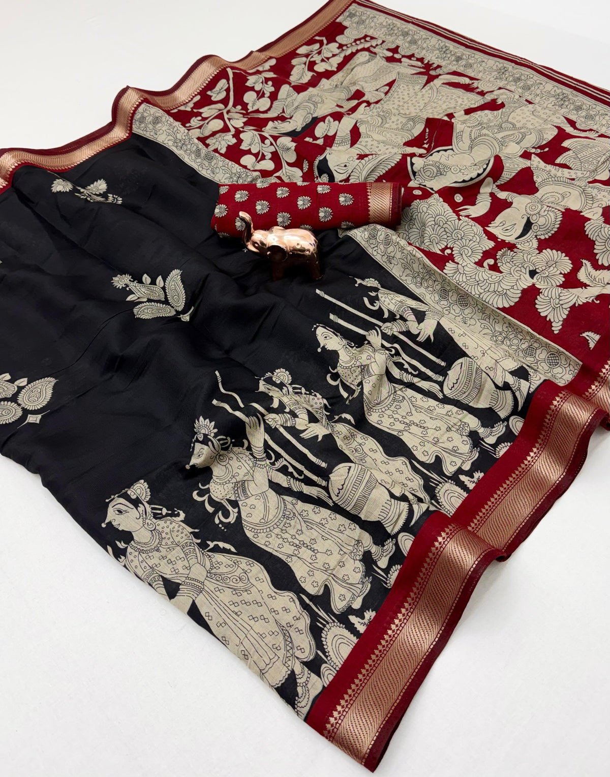 Desiring Function Wear Soft Cotton Kalamkari Print Zari Weaving Border Fancy Saree With Blouse Piece