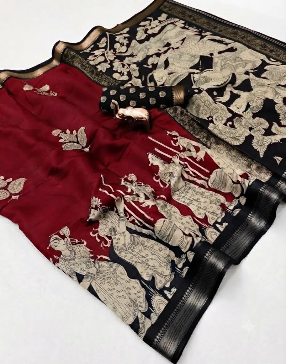 Desiring Function Wear Soft Cotton Kalamkari Print Zari Weaving Border Fancy Saree With Blouse Piece