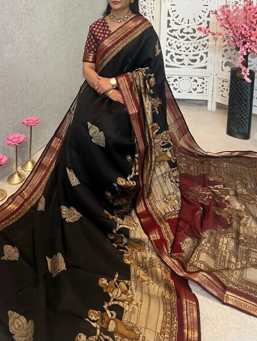Breathtaking Festive Wear Soft Cotton Kalamkari Print Zari Weaving Border Fancy Saree With Blouse Piece