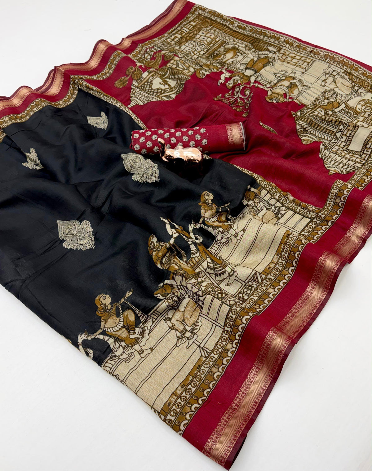 Breathtaking Festive Wear Soft Cotton Kalamkari Print Zari Weaving Border Fancy Saree With Blouse Piece