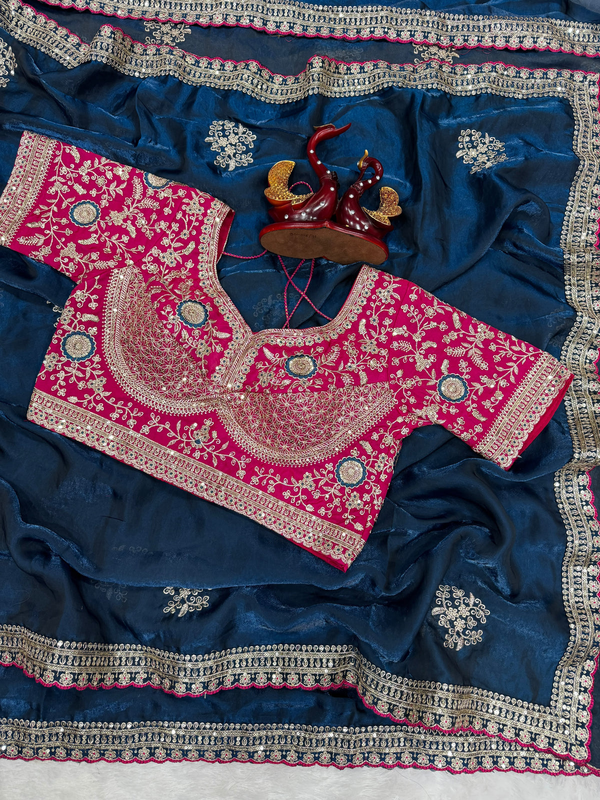 Forbearance Wedding Wear Satin Silk Embroidery n Sequence Work Designer Saree With Stitched Blouse