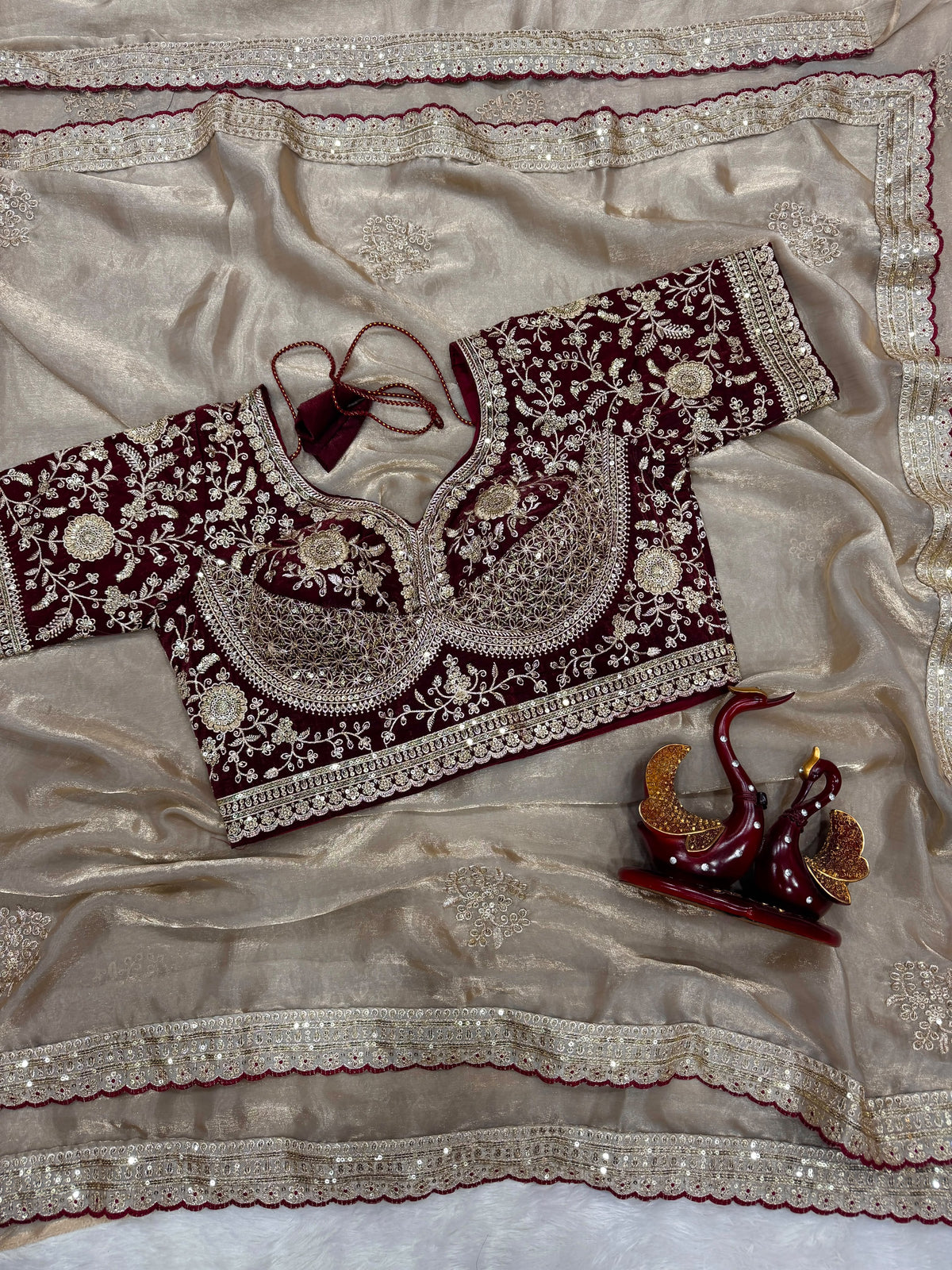 Forbearance Wedding Wear Satin Silk Embroidery n Sequence Work Designer Saree With Stitched Blouse