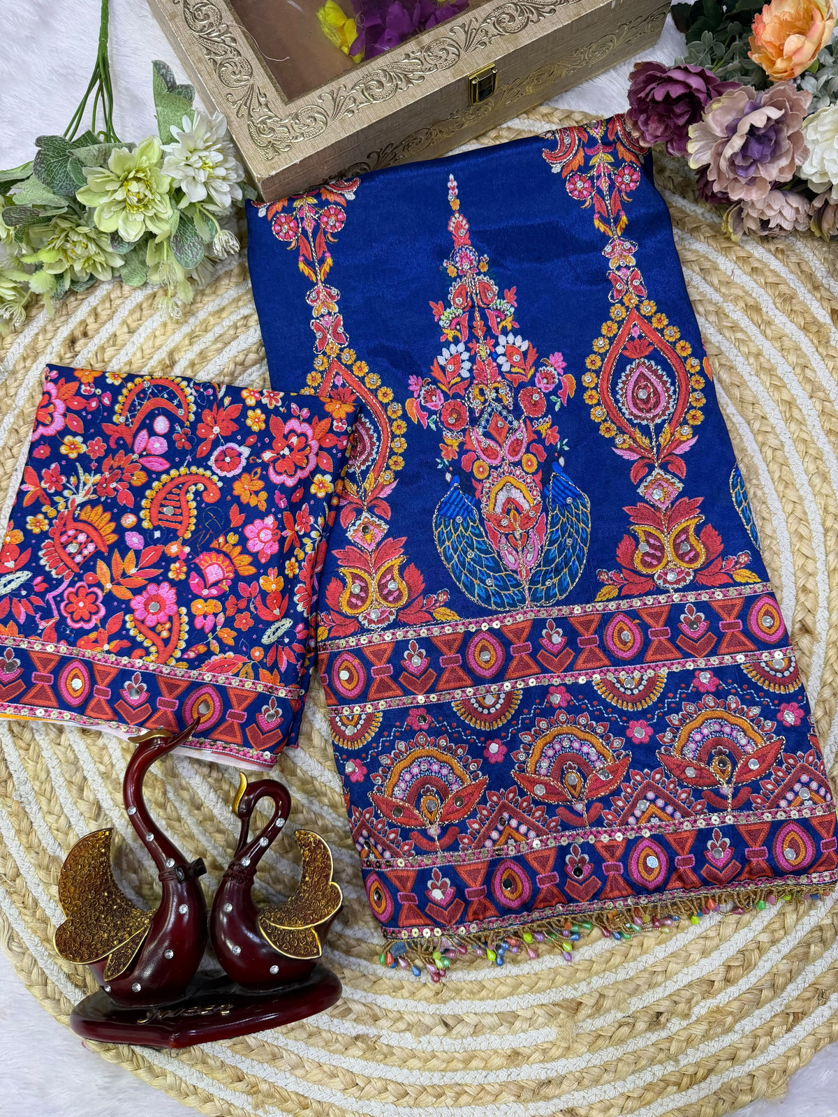 Whimsical Party Wear Chinnon Silk Mirror n Sequence Work Designer Saree With Blissful Blouse Piece