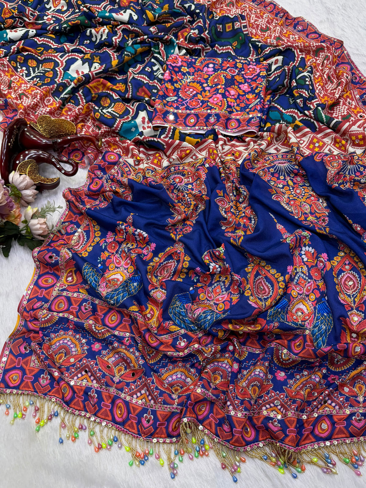 Whimsical Party Wear Chinnon Silk Mirror n Sequence Work Designer Saree With Blissful Blouse Piece