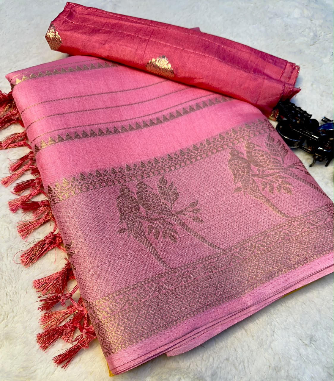 Effervescent Party Wear Dola Silk Tussels n Zari Weaving Work Fancy Saree With Blouse Piece
