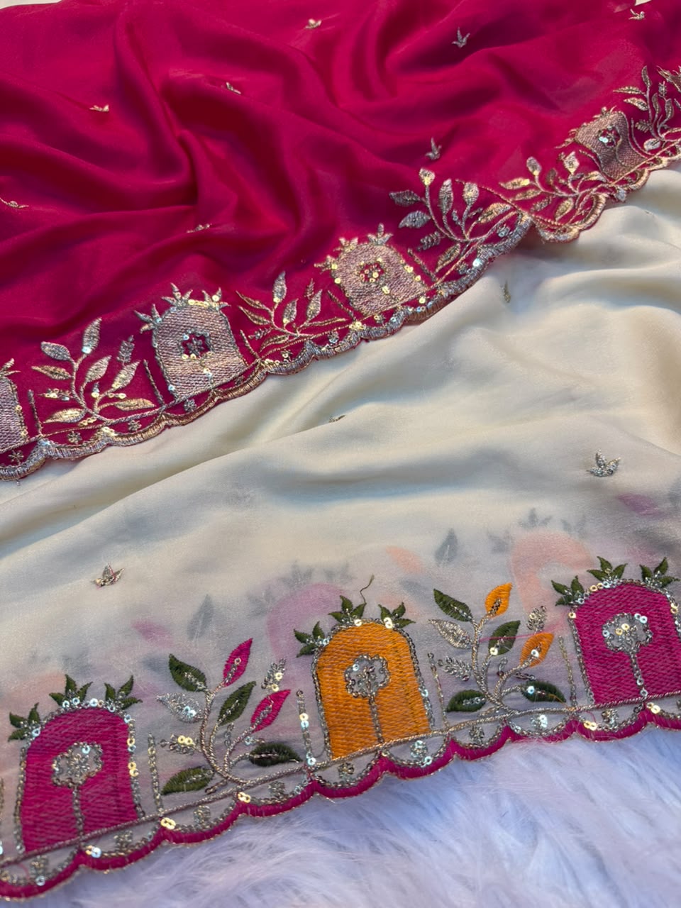 Entrancing Wedding Wear Georgette Embroidery n Thread Work Designer Saree With Contrast Blouse Piece