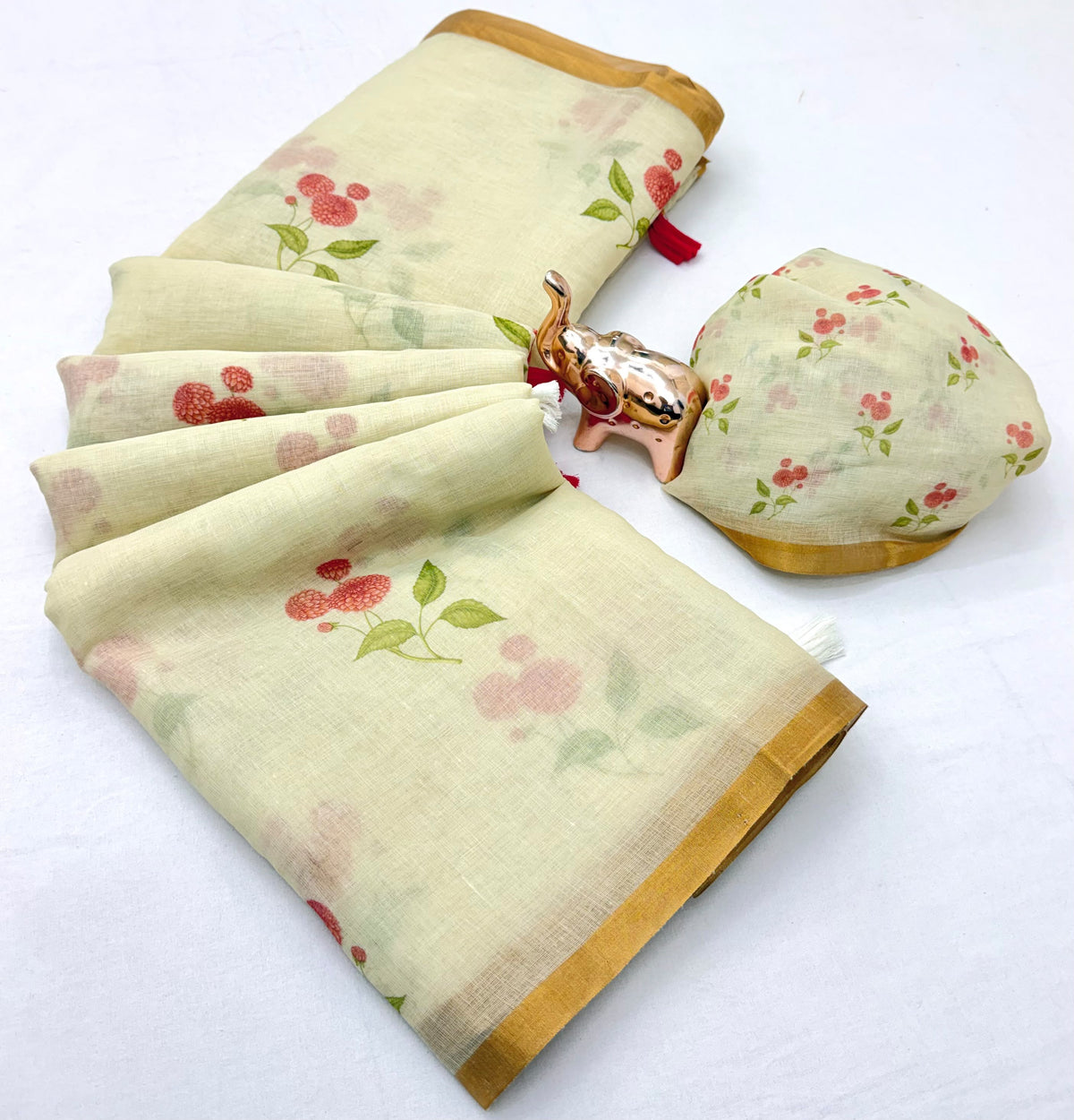 Entrancing Function Wear Linen Cotton Kalamkari Print n Zari Border Designer Saree With Blouse Piece