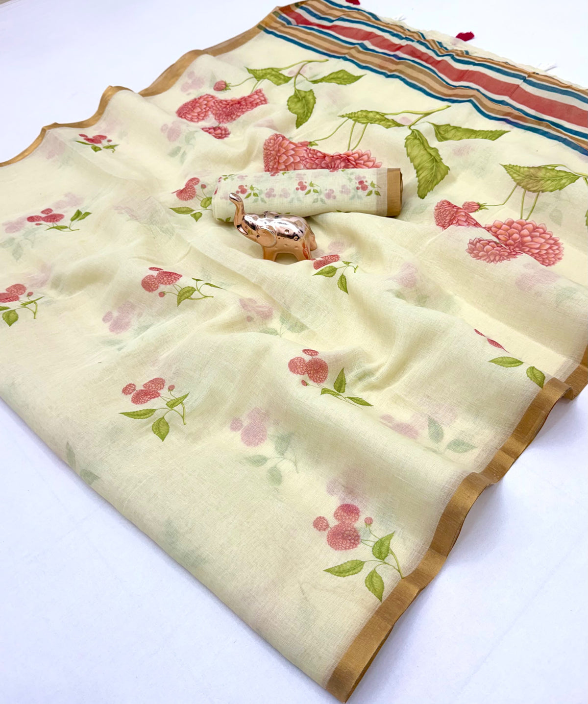 Entrancing Function Wear Linen Cotton Kalamkari Print n Zari Border Designer Saree With Blouse Piece