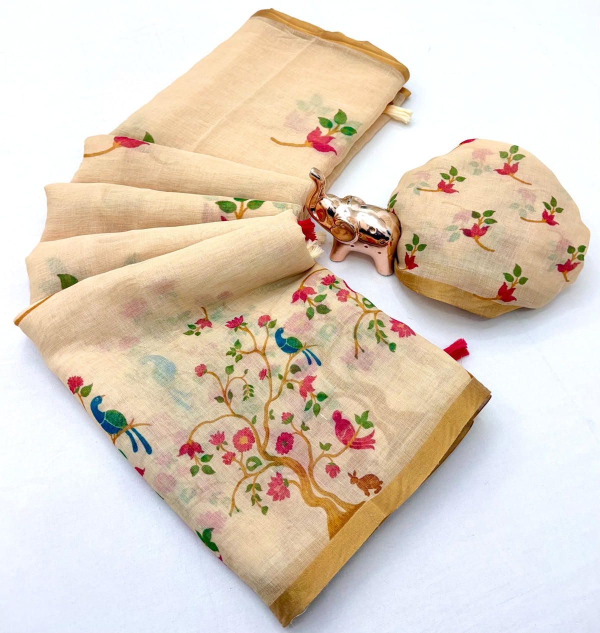 Entrancing Function Wear Linen Cotton Kalamkari Print n Zari Border Designer Saree With Blouse Piece
