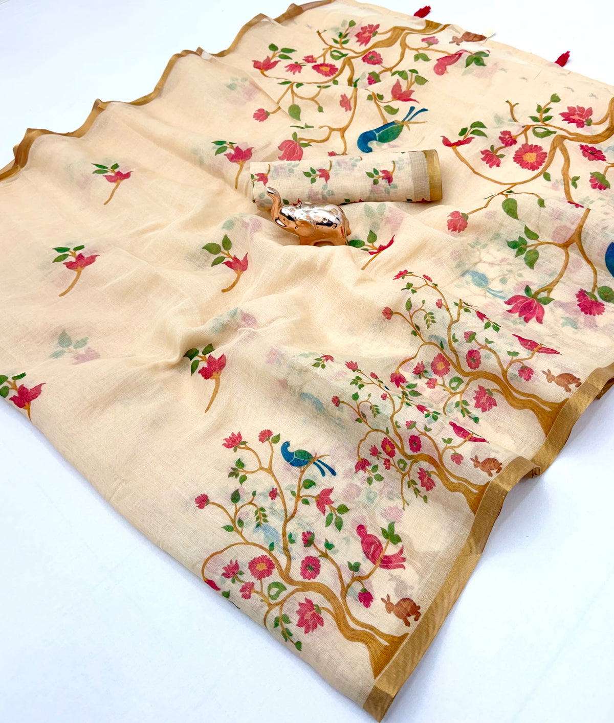 Entrancing Function Wear Linen Cotton Kalamkari Print n Zari Border Designer Saree With Blouse Piece