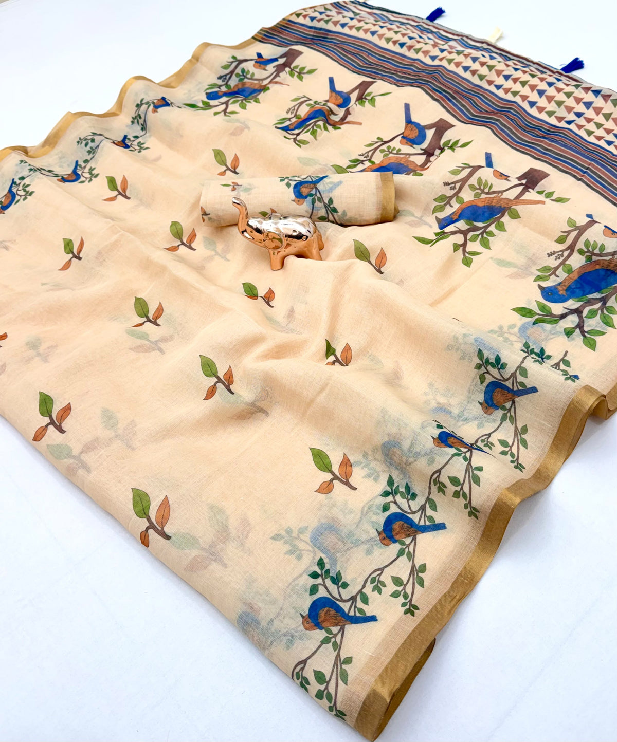 Entrancing Function Wear Linen Cotton Kalamkari Print n Zari Border Designer Saree With Blouse Piece