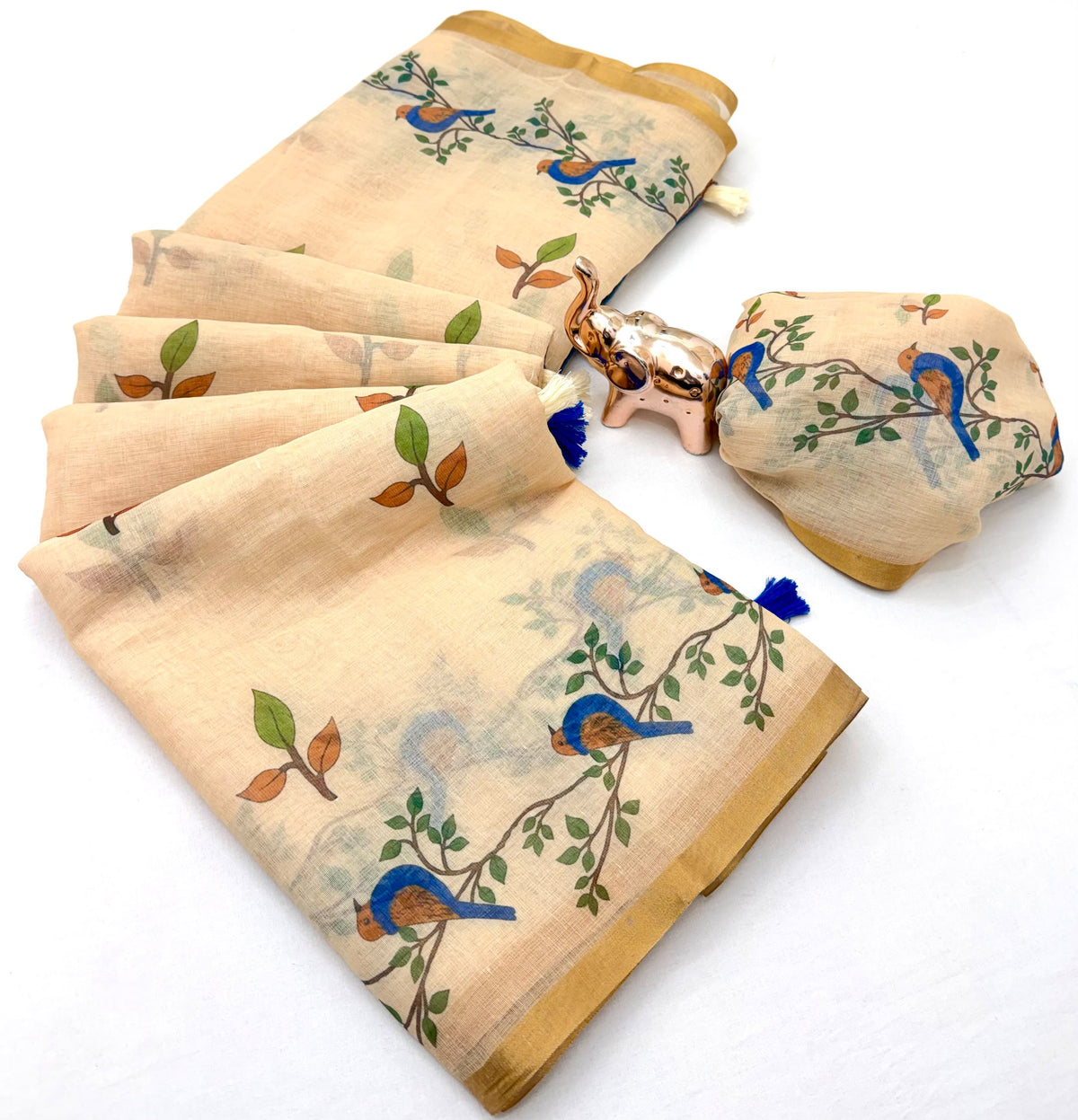 Entrancing Function Wear Linen Cotton Kalamkari Print n Zari Border Designer Saree With Blouse Piece