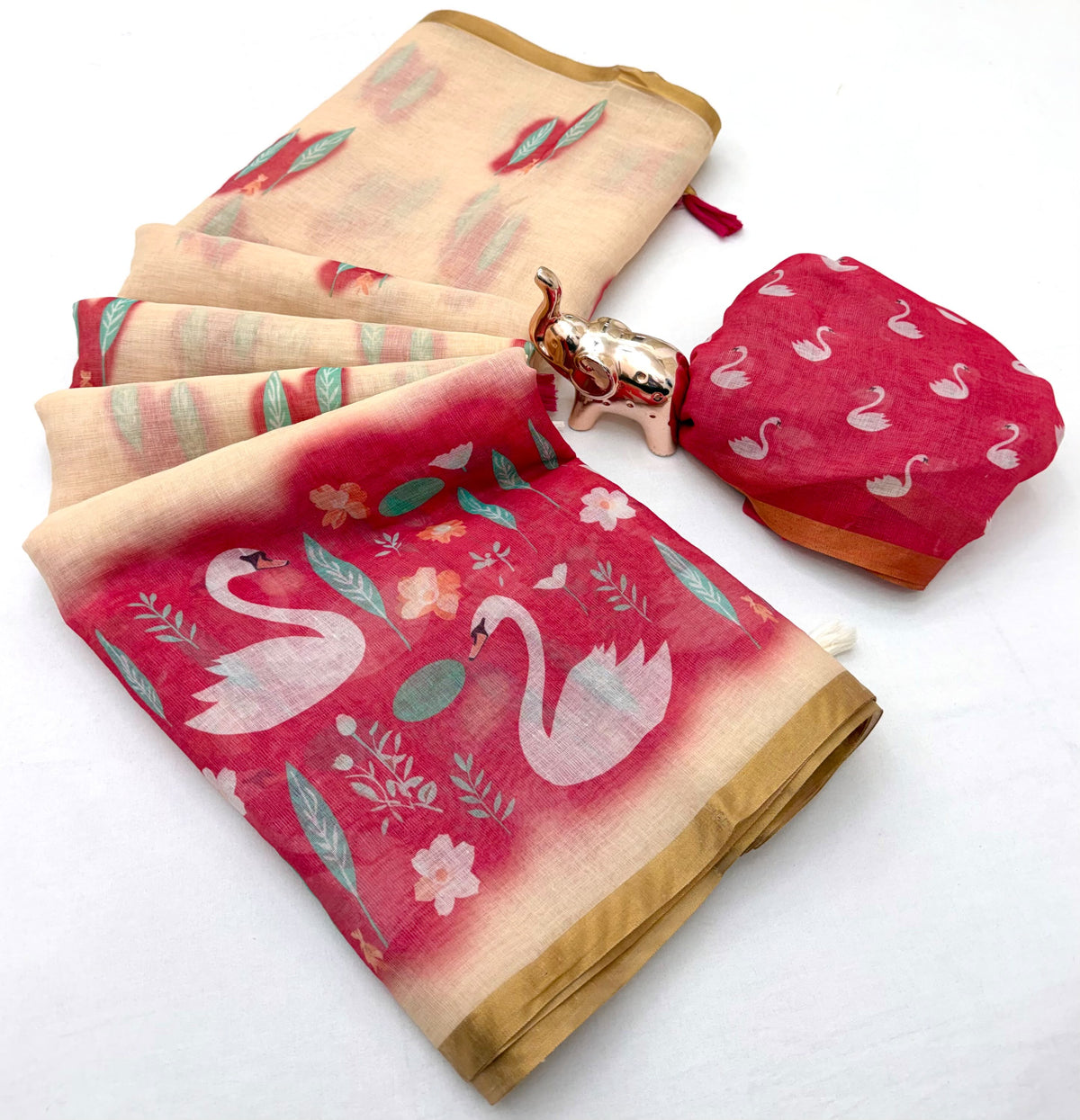 Entrancing Function Wear Linen Cotton Kalamkari Print n Zari Border Designer Saree With Blouse Piece