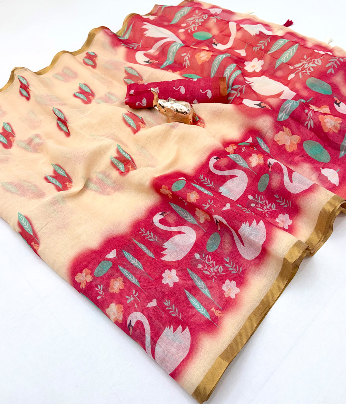 Entrancing Function Wear Linen Cotton Kalamkari Print n Zari Border Designer Saree With Blouse Piece