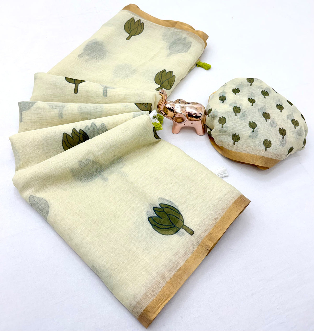 Entrancing Function Wear Linen Cotton Kalamkari Print n Zari Border Designer Saree With Blouse Piece