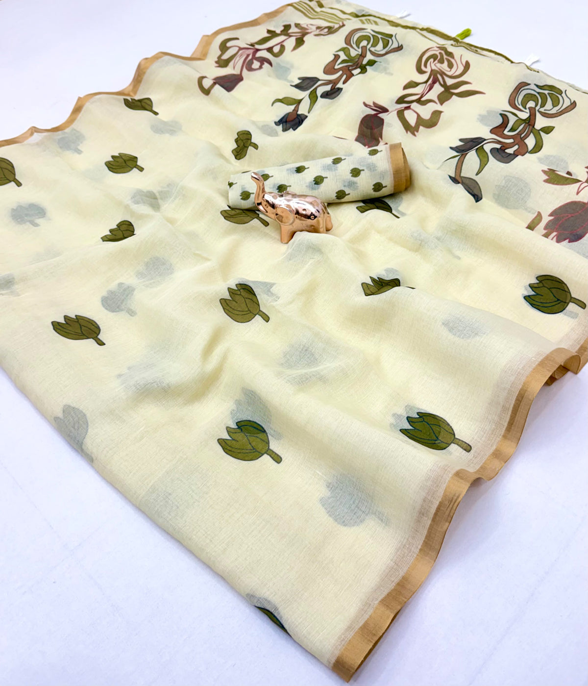 Entrancing Function Wear Linen Cotton Kalamkari Print n Zari Border Designer Saree With Blouse Piece