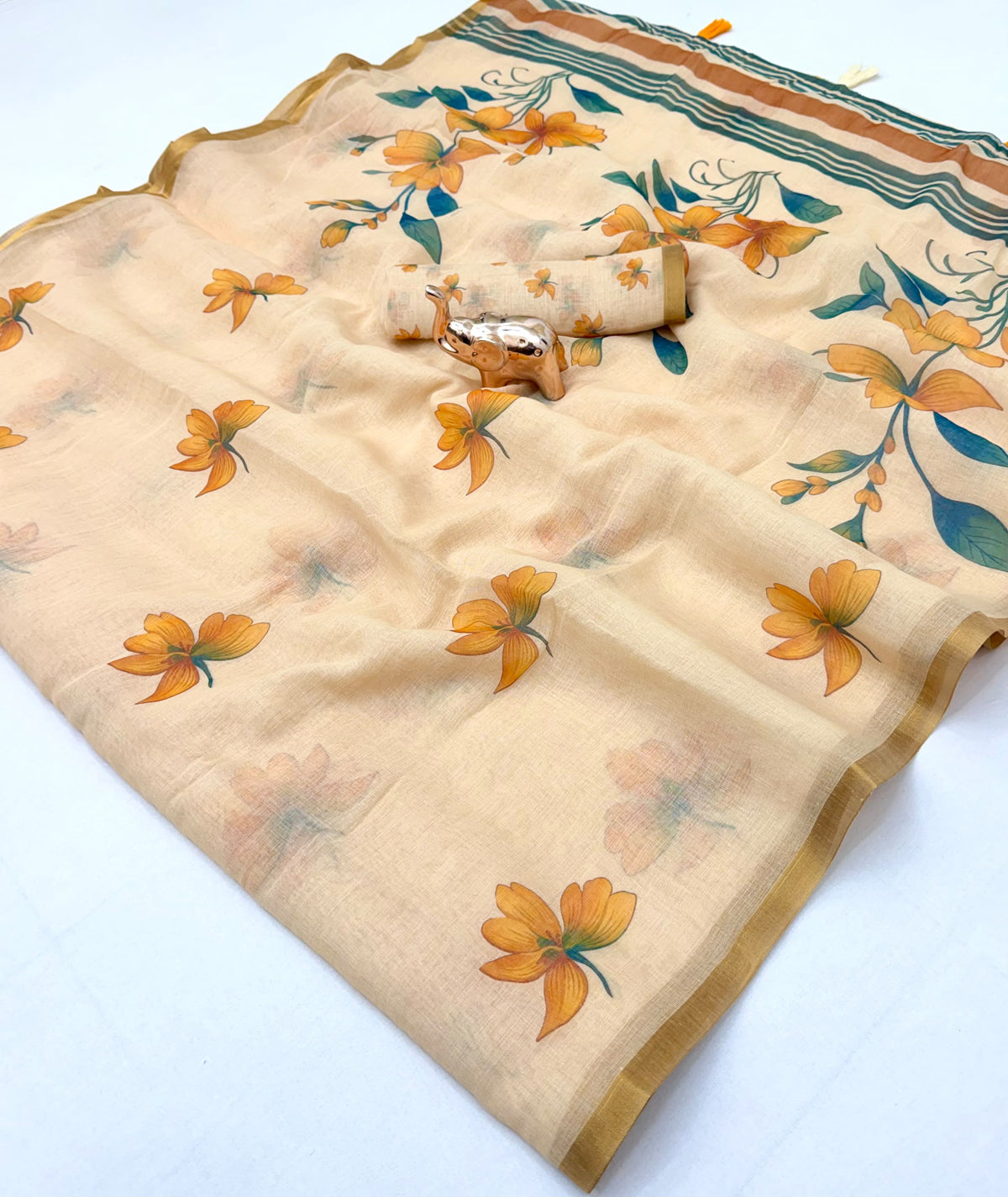 Entrancing Function Wear Linen Cotton Kalamkari Print n Zari Border Designer Saree With Blouse Piece