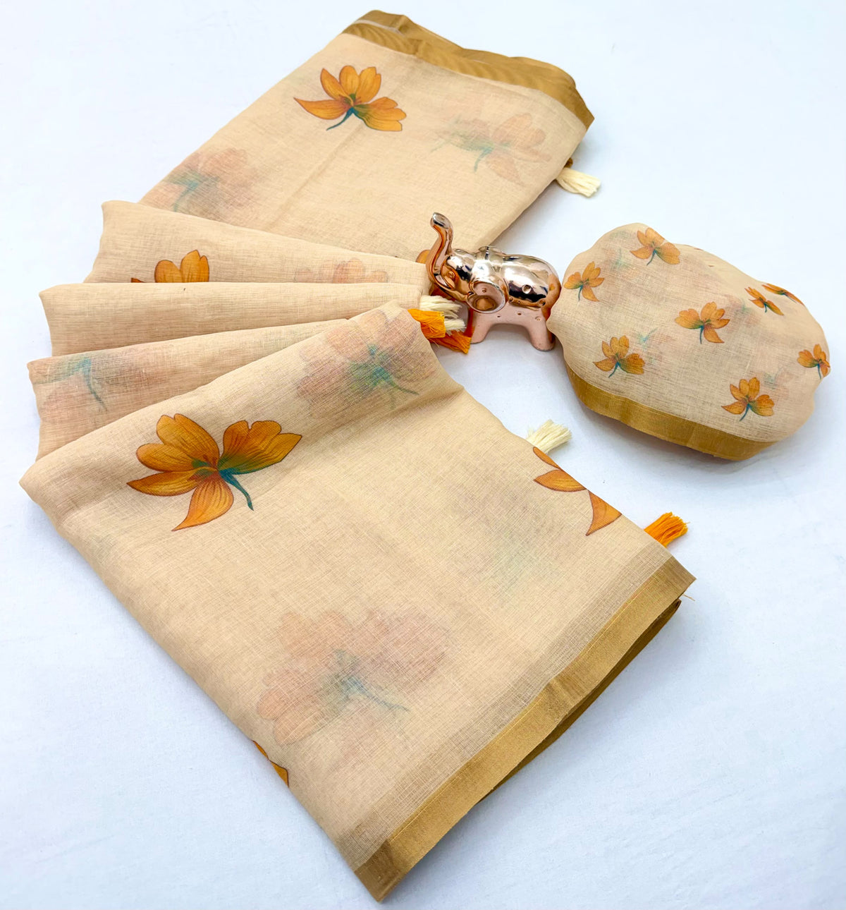 Entrancing Function Wear Linen Cotton Kalamkari Print n Zari Border Designer Saree With Blouse Piece
