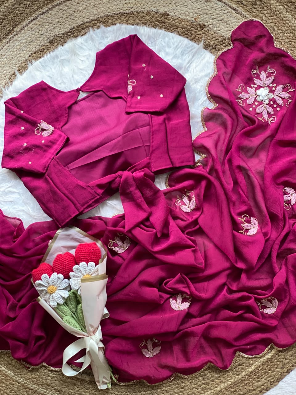 Prettiest Party Wear Chiffon Silk Thread n Handwork Fancy Saree With Unstitched Blouse Piece