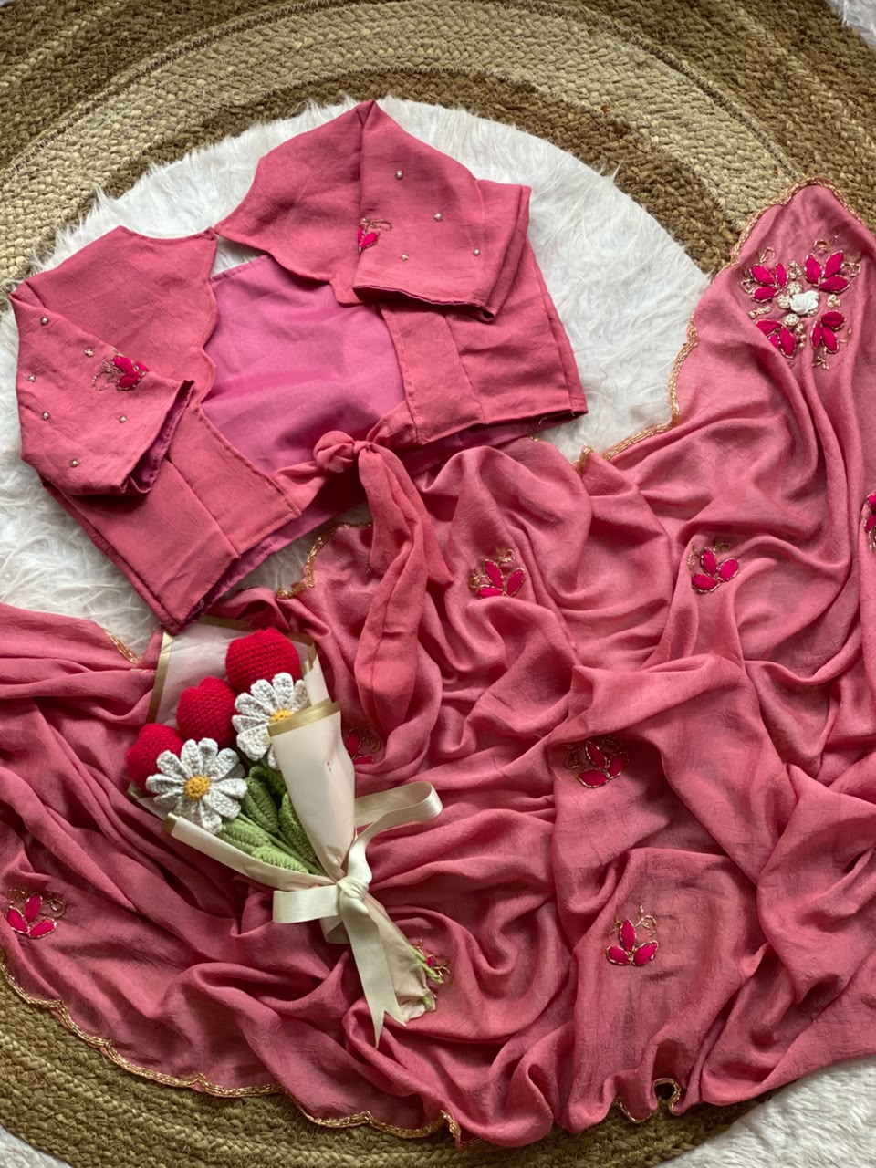 Prettiest Party Wear Chiffon Silk Thread n Handwork Fancy Saree With Unstitched Blouse Piece