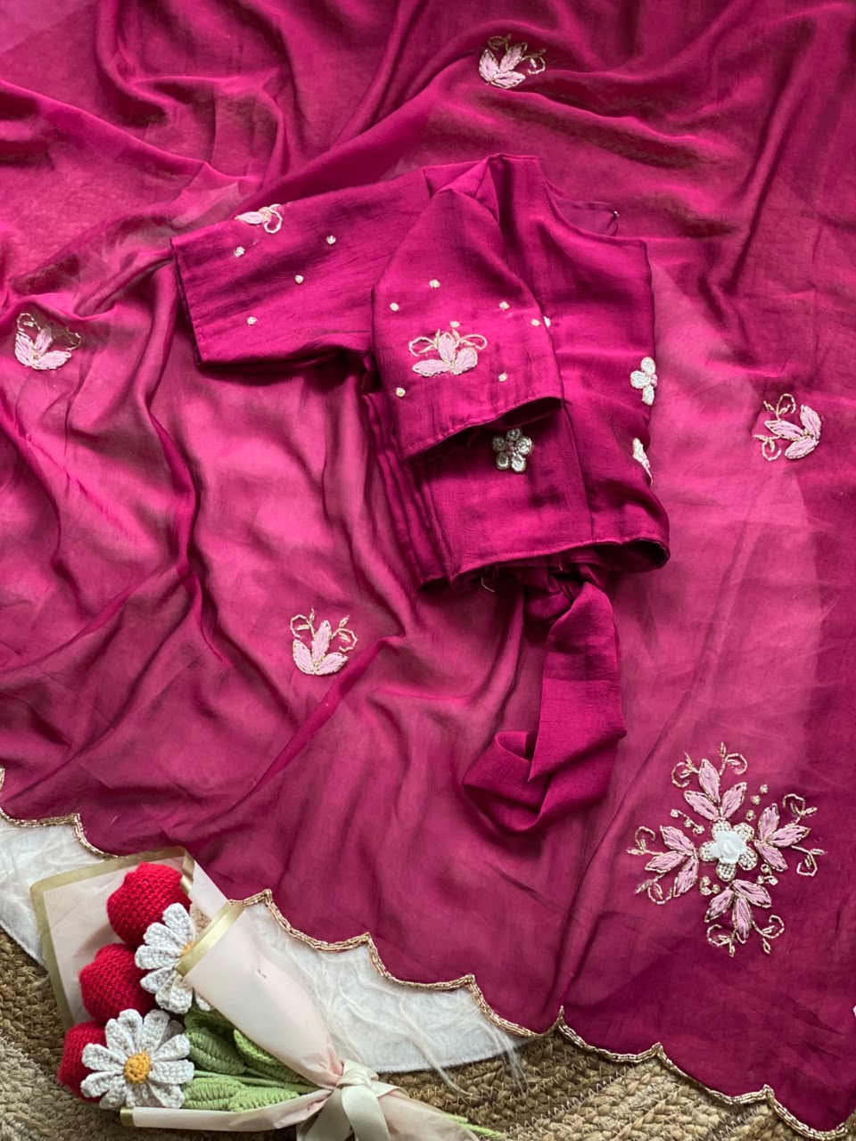 Prettiest Party Wear Chiffon Silk Thread n Handwork Fancy Saree With Unstitched Blouse Piece