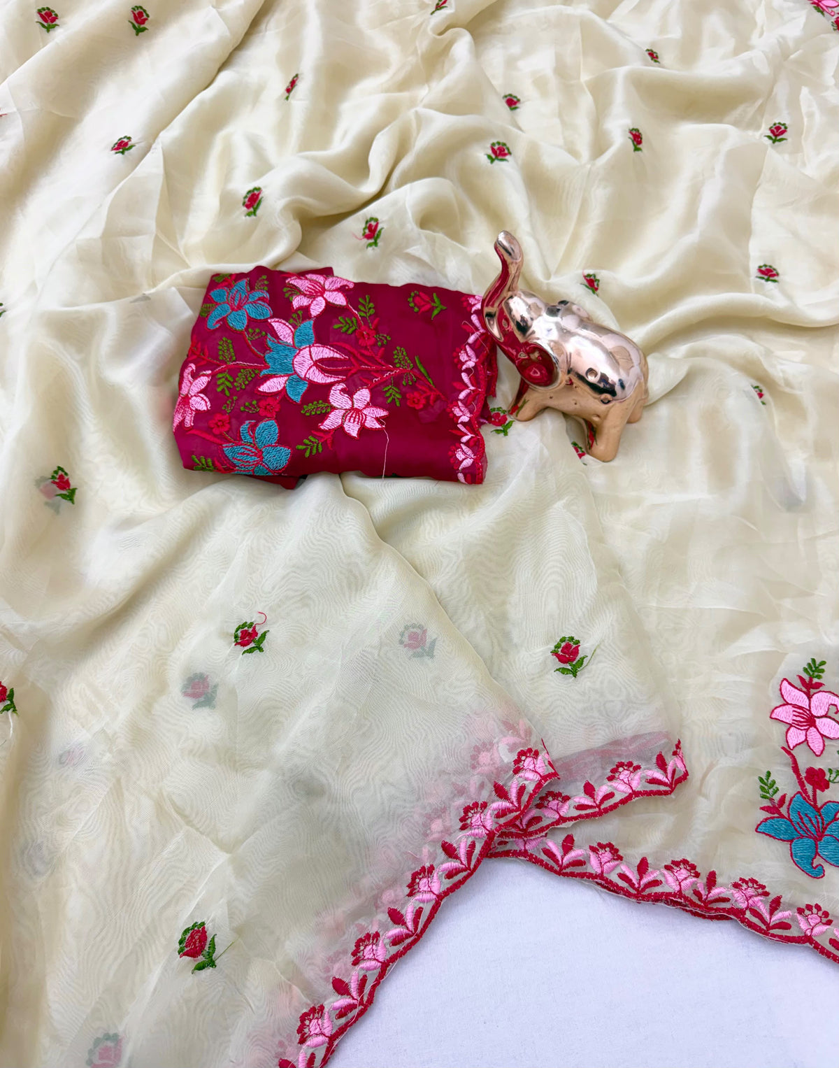 Marvellous Party Wear Rangoli Silk Embroidery Work Saree With Contrast Blouse Piece
