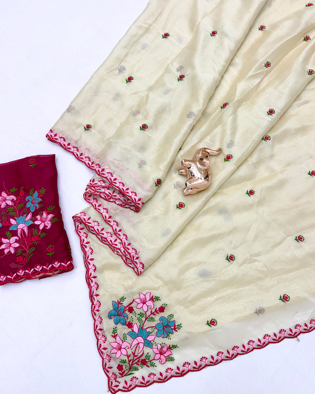 Marvellous Party Wear Rangoli Silk Embroidery Work Saree With Contrast Blouse Piece
