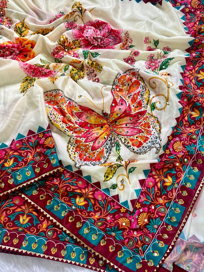 Heritage Festive Wear Silk Print Design n Mirror Work Fancy Saree With Blissful Blouse Piece