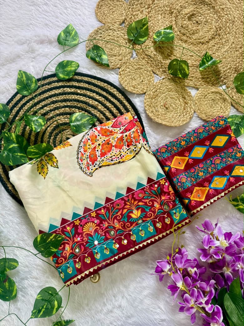 Heritage Festive Wear Silk Print Design n Mirror Work Fancy Saree With Blissful Blouse Piece