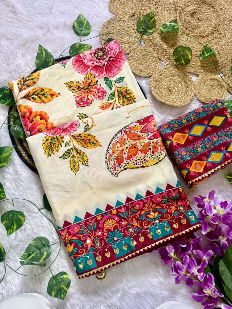 Heritage Festive Wear Silk Print Design n Mirror Work Fancy Saree With Blissful Blouse Piece