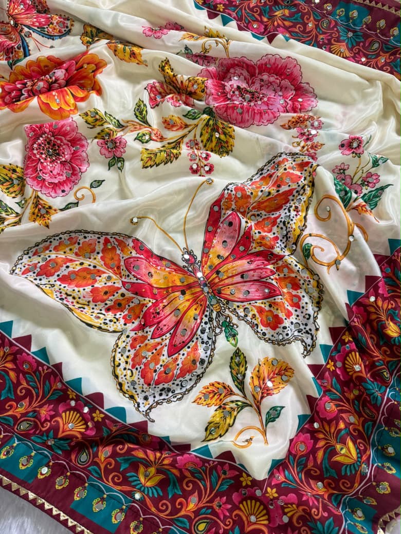 Heritage Festive Wear Silk Print Design n Mirror Work Fancy Saree With Blissful Blouse Piece