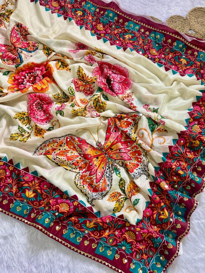 Heritage Festive Wear Silk Print Design n Mirror Work Fancy Saree With Blissful Blouse Piece