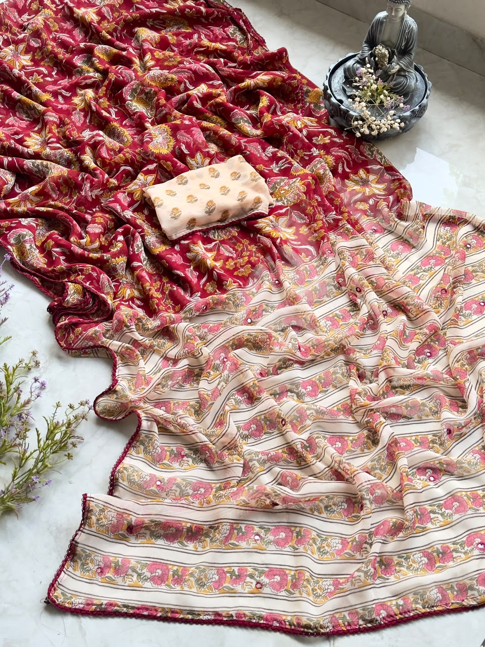 Glamorous Party Wear Georgette Print Design n Mirror Work Fancy Saree With Blissful Blouse Piece