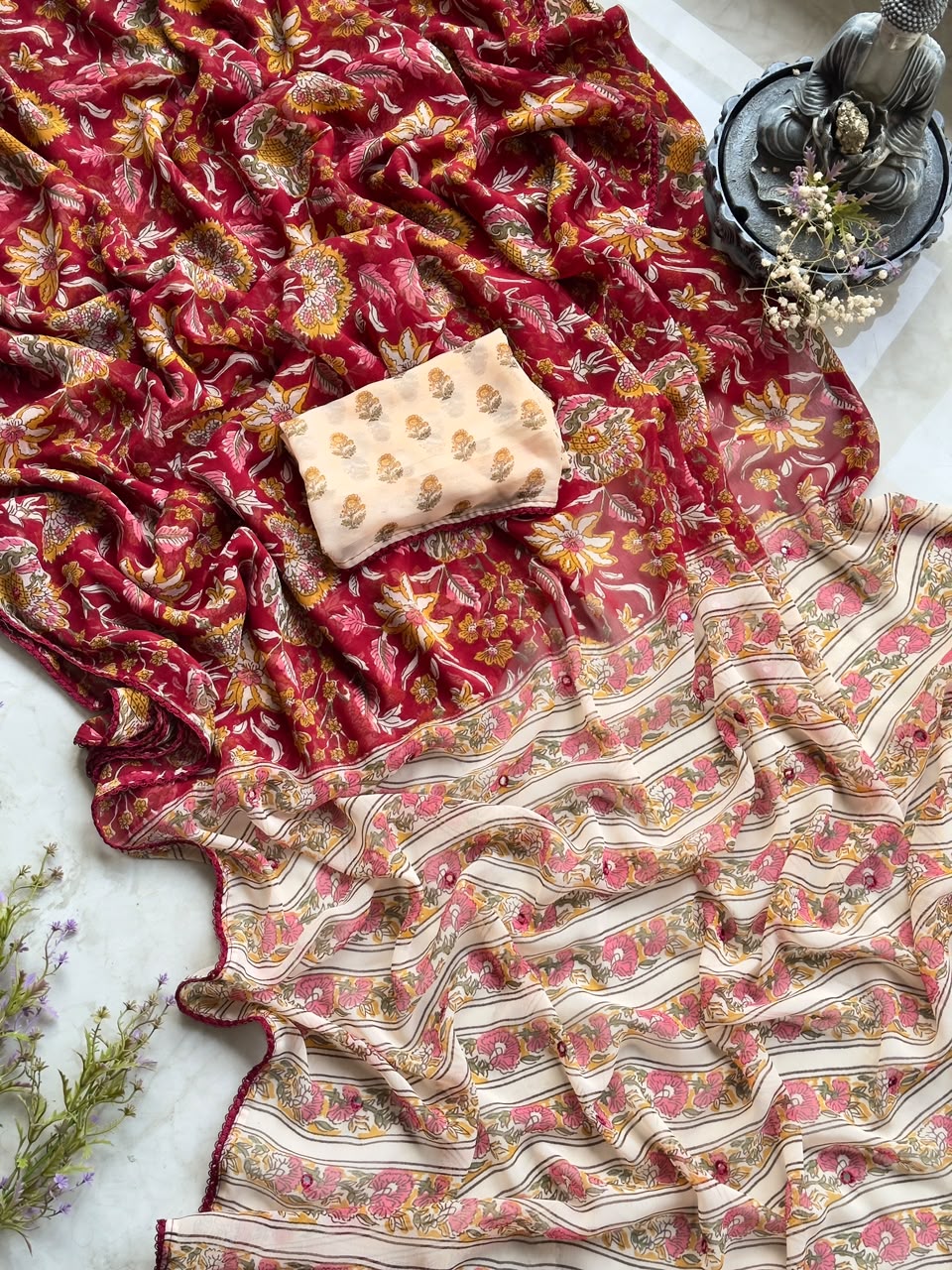 Glamorous Party Wear Georgette Print Design n Mirror Work Fancy Saree With Blissful Blouse Piece