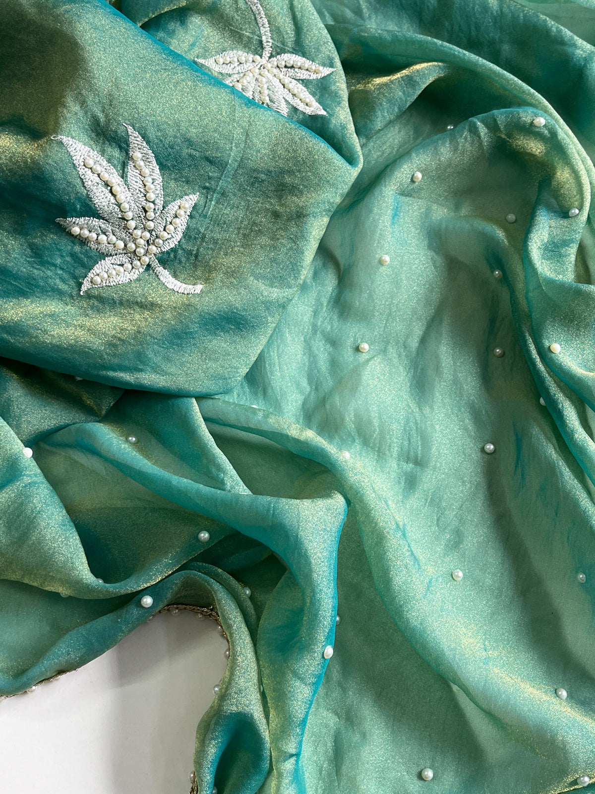Dazzling Party Wear Organza Silk Embroidery n Pearl Work Designer Saree With Blouse Piece