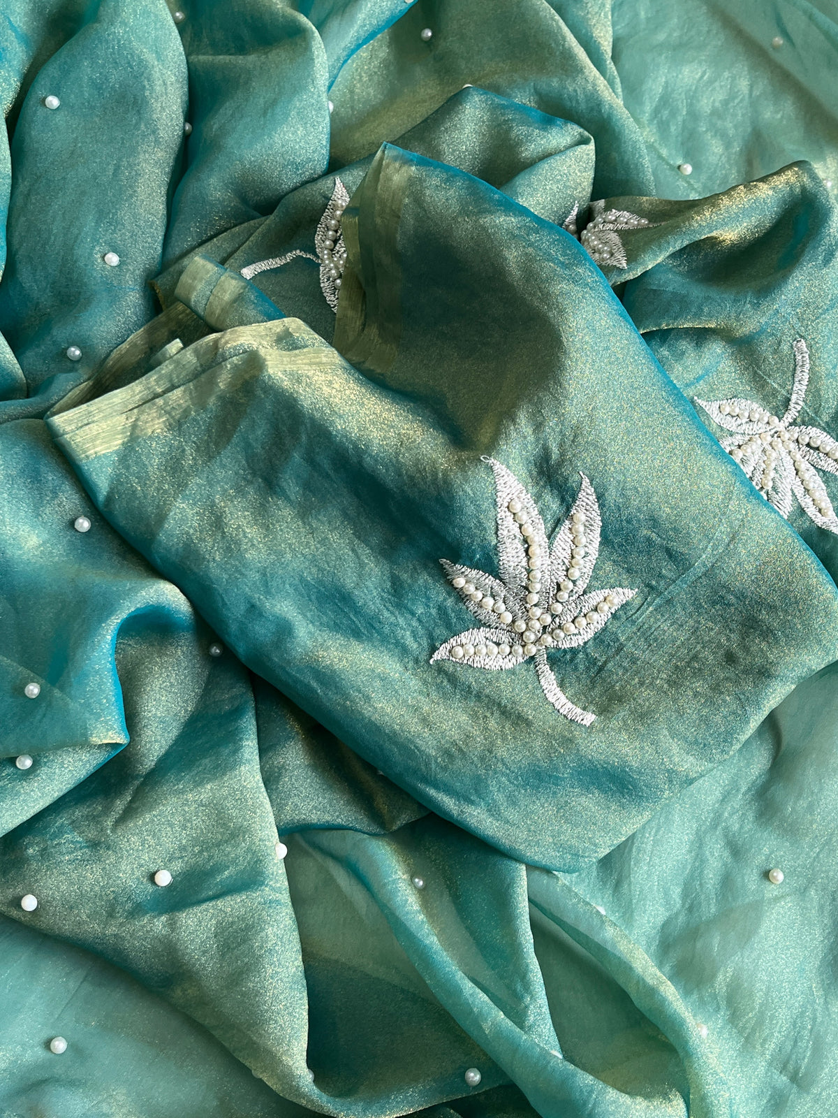 Dazzling Party Wear Organza Silk Embroidery n Pearl Work Designer Saree With Blouse Piece