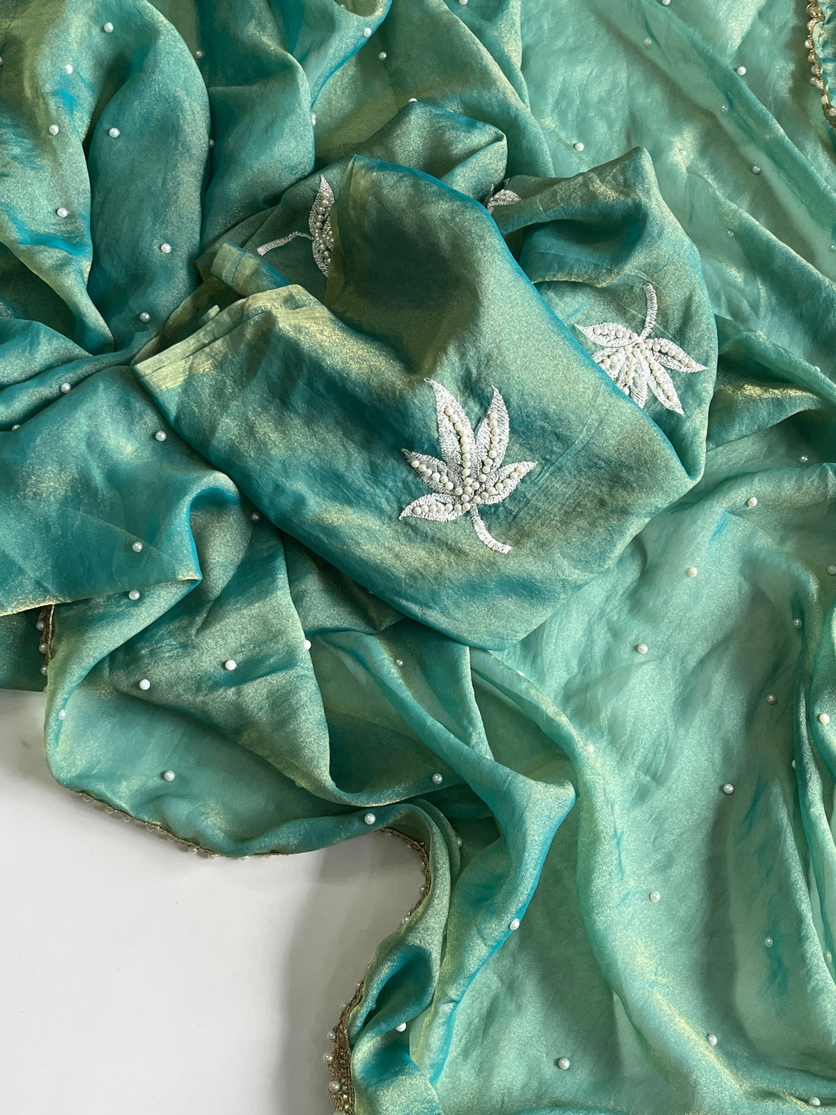 Dazzling Party Wear Organza Silk Embroidery n Pearl Work Designer Saree With Blouse Piece