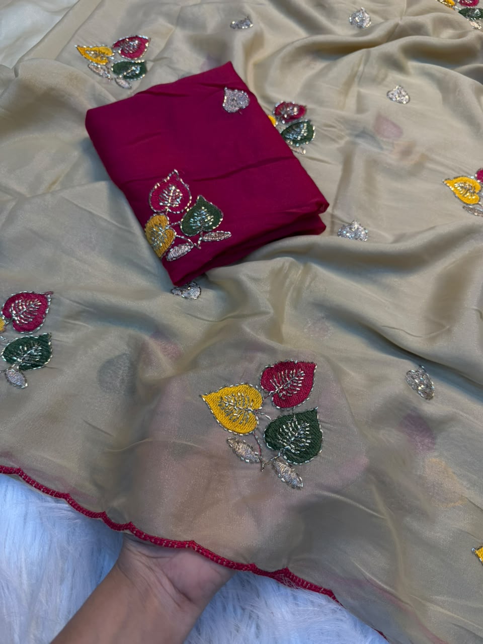 Whimsical Party Wear Georgette Embroidery Thread n Beads Work Fancy SareeWith Contrast Blouse Piece