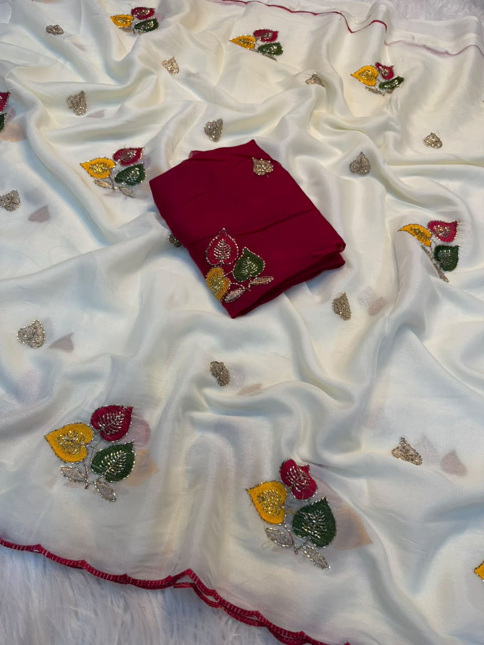 Whimsical Party Wear Georgette Embroidery Thread n Beads Work Fancy SareeWith Contrast Blouse Piece