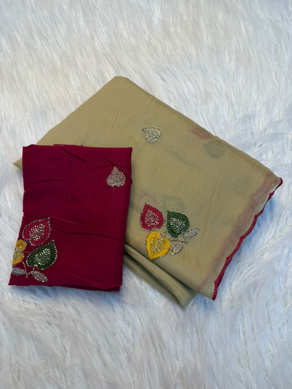 Whimsical Party Wear Georgette Embroidery Thread n Beads Work Fancy SareeWith Contrast Blouse Piece