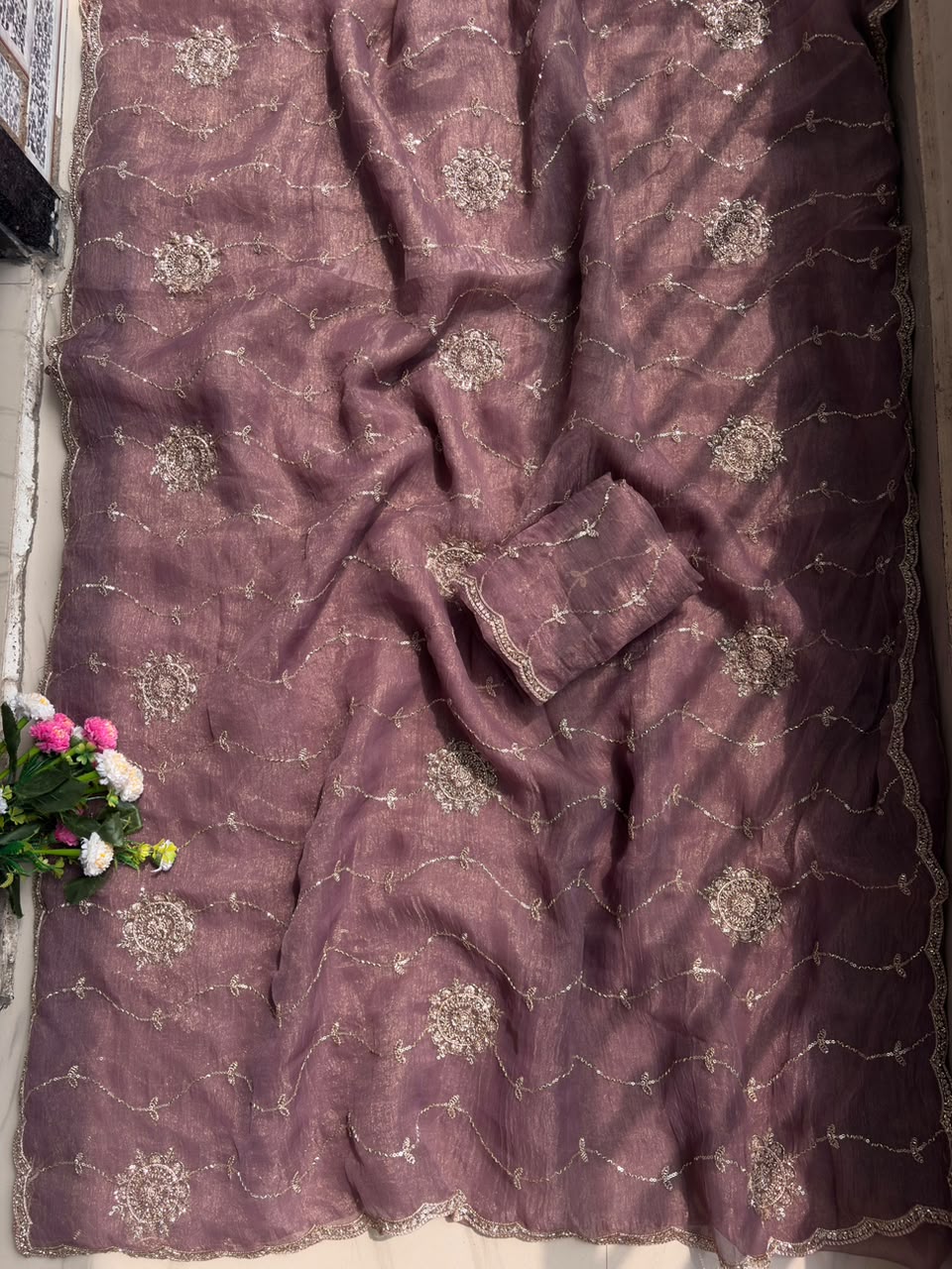 Stunning Wedding Wear Chiffon Silk Sequence n Beads Work Fancy Saree With Elegant Blouse Piece
